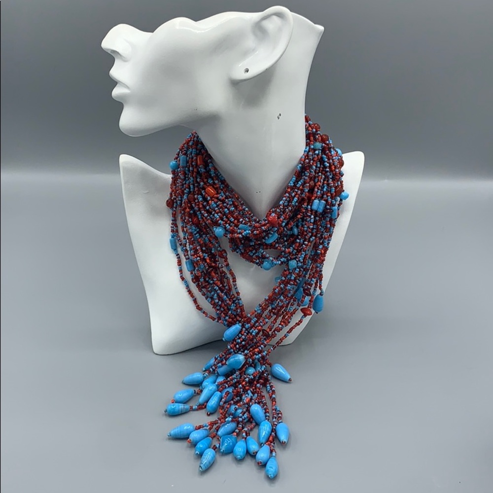 Scarf lariat necklace red and turquoise beads